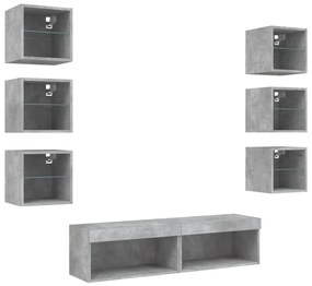 8 darab betonszürke szerelt fa fali TV-bútor LED-del