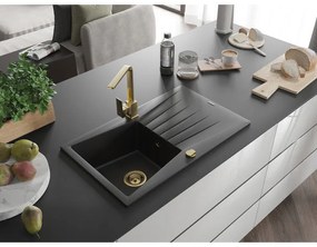 Mexen Cesar, gránit mosogató 775x470x190 mm, 1 kamrás, fekete arany szifonnal és arany Rita mosogató csapteleppel, 6514-77-670300-50