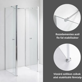 Stuxi Roma 70x120 falsíkra szerelhető 3 oldalú kétszárnyú nyílóajtós zuhanykabin 6 mm vízlepergető biztonsági üveggel, króm elemekkel, 195 cm magas