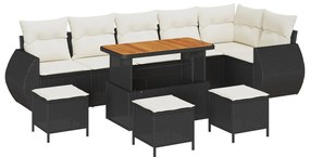 9 részes kerti kanapé szett párnákkal fekete poli rattan akáciából, 3 részes kerti étkező szett párnákkal fekete poli rattan akáciából