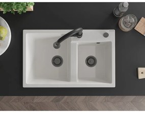 Mexen Tomas, 2 kamrás gránit mosogató 800x500x190 mm és Elia mosogató csaptelep, fehér, 6516-20-670101-70