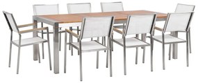Nyolcszemélyes étkezőasztal eukaliptusz asztallappal és fehér textilén székekkel GROSSETO Beliani