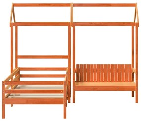viaszbarna tömör fenyőfa ágy és pad szett tetővel 75 x 190 cm