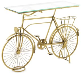 Design arany kerékpár vázon fém asztal, üveg asztallap 76,5x115x37cm