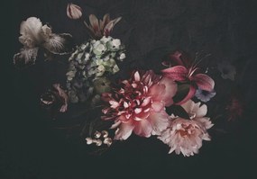 Tapéta Fekete Virágok Bazsarózsa Rózsa Hortenzia sötét háttér 312x219 +ragasztó