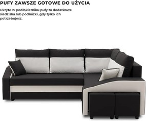 Grande sarokkanapé polcokkal és puffokkal , polc a bal karfaban puffok a jobb karfaban, jobboldali, szövet anyag, hab töltet, fekete - fehér