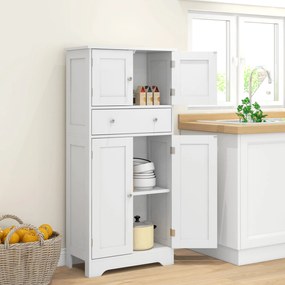 HOMCOM Modern Stílusú Konyhai Szekrény Büfé Tároló Szekrény, Felső Szekrény, Állítható Polcok, Fiók, Étkezőbe, Nappaliba, 60 x 30 x 128 cm, Fehér | Ao