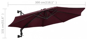 burgundi vörös falra szerelhető napernyő fémrúddal 300 cm
