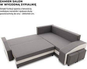 Grande sarokkanapé polcokkal és puffokkal , polc a bal karfaban puffok a jobb karfaban, jobboldali, szövet anyag, hab töltet, szürke - fehér