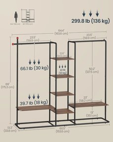 SONGMICS HOME dupla ruhaállvány 6 polccal, 136 kg teherbírás, dió/fekete