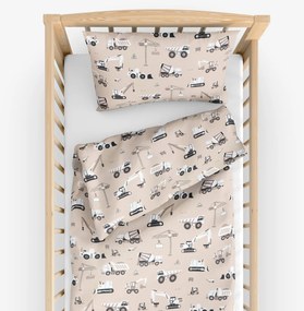 Goldea gyerek pamut ágyneműhuzat kiságyba - teherautók és markolók bézs alapon 100 x 135 és 40 x 60 cm