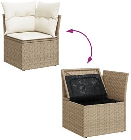 7 Részes Kert Sofa Szett Párnákkal Bézs Poli Rattan, 2-Személyes Kert Sofa Tárolóval és Párnákkal Bézs Poli Rattan