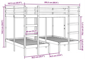tömör fenyőfa tripla emeletes ágykeret 160x200/80x160 cm