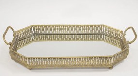 Szögletes óarany fém tálca fogantyúval, tükrös tálcalappal 10x56x33cm