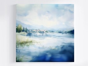 Vászonkép Canvas Akvarell Tájkép Víz Tó Város Hegyek 80x80
