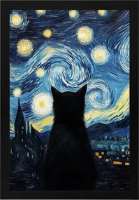 Poszter Keret Fa Van Gogh Stílus Csillagos Éjszaka Fekete Macska 40x60