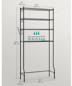 4 szintes tároló a WC felett, fém tároló állvány, állítható polcok, 4 kampó, Fekete