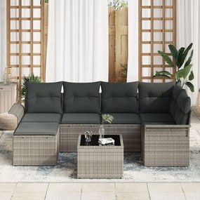 7 Részes Kert Kanapé Szett Párnákkal Szürke Poly Rattan, 2-Fős Kert Kanapé Tárolóval és Párnákkal Világosszürke Poly Rattan