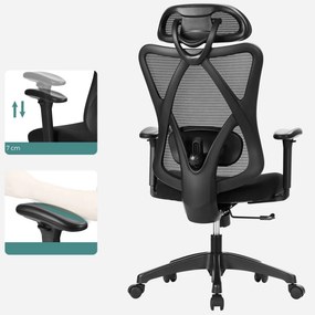 Irodai ergonomikus szék, állítható deréktámasszal és fejtámlával, fekete
