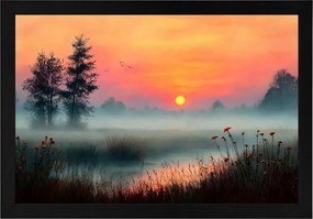 Poszter Keret Fa Napfelkelte Tó Köd Természet Virágok 60x40