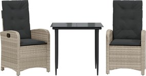 vidaXL 3részes világosszürke polyrattan kerti étkezőgarnitúra párnával