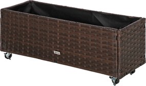 Outsunny Emeltágyas Polyrattan Virágcserép Kerekekkel, Drain Lyukakkal, Kávébarna 94,5 x 31 x 36 cm | Aosom