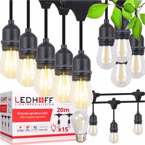 Kerti fényfüzér 20m 15x Led izzó E27 vezetékes vízálló