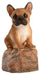 Kövön ülő ugató francia bulldog kiskutya polyresin szobor, barna, kültéri és beltéri dekorációs kiegészítő