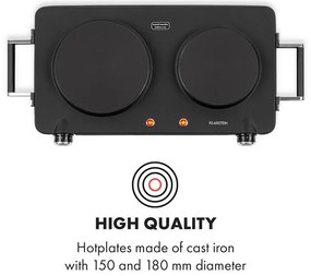 Klarstein Cookorama, elektromos főzőlap, két főzőlap, 1900 - 2250 W, 150/180 mm Ø, 5 szint, fekete