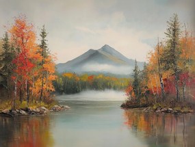 Vászonkép Canvas Tájkép Hegyek Erdő Tó Folyó Ősz Köd 100x75