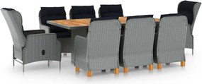 vidaXL 9 részes világosszürke polyrattan kültéri étkezőszett párnákkal