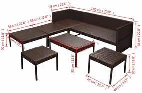 6-részes barna polyrattan kerti bútorszett párnákkal