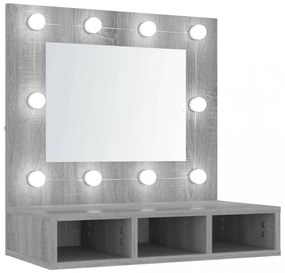 szürke sonoma színű tükrös szekrény LED-ekkel 60 x 31,5 x 62 cm