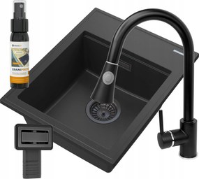 Gránit Mosogató Fekete Konyhai Szett Csaptelep Alor