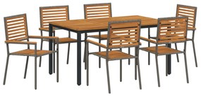 7 darabos Kerti Étkezőszett Szürke Poli Rattan Akácia, Összecsukható Kerti Székek párnázattal 2 db Szürke Poli Rattan, Kerti Asztal 150x90x75 cm Szilárd Akácia Fa és Fém