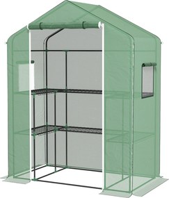 Outsunny Kültéri Üvegház 1 Rolós Ajtóval, 2 Ablakkal és U-Formájú 2-Szintes Polcokkal - Üvegház Növénytermesztéshez Teraszon 140x73x190 cm Zöld | Aoso