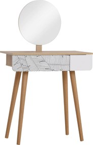 HOMCOM Sminkasztal Kör alakú Tükörrel Ф39cm, Smink Konzol Fiókkal Dzungel Dekorációval, Fehér és Tölgy, 70x39x119-128cm | Aosom