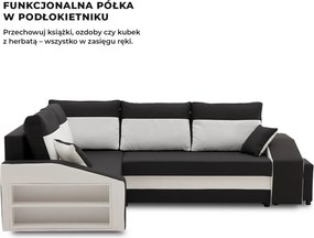 Grande sarokkanapé polcokkal és puffokkal , polc a bal karfaban puffok a jobb karfaban, baloldali, szövet anyag, bonell töltet, fekete - fehér