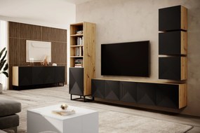 Asha fali TV szekrény 200 cm, bordázott előlap - artisan / fekete matt