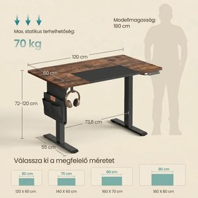 Állítható magasságú elektromos íróasztal memória funkcióval 120x60 cm, vintage barna/alapfekete