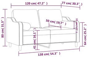 2 személyes bordó szövet kanapé díszpárnákkal 120 cm