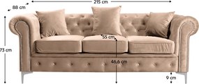 Kinyitható luxus 3-as ülés, világosbarna Velvet szövet, ROMANO
