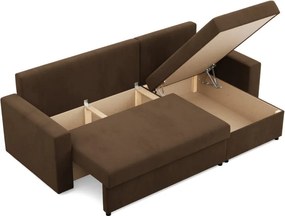 Zeus sarokkanapé, 2 ágyneműtartóval, egyenes kartámasz, szövet anyag, univerzális oldal, hab töltet, barna