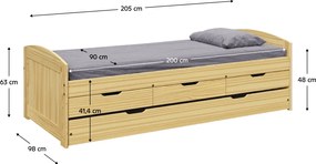 Ágy kihúzható pótággyal, természetes, tömörfa, 90x200, MARINELLA NEW