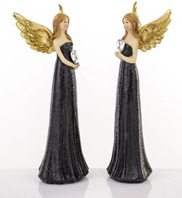 Páros angyalka dekorációs figurák fekete ruhában arany szárnyakkal 20x6x10cm