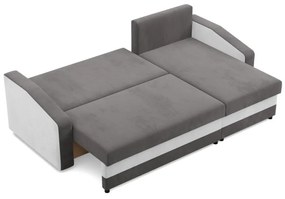 Hewlet sarokkanapé, 1 ágyneműtartóval, szövet anyag, univerzális oldal, bonell töltet, szürke - fehér