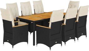 vidaXL 9 részes fekete polyrattan kerti étkezőgarnitúra párnákkal