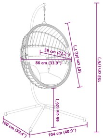 szürke rattan és acél függő kagylószék állvánnyal