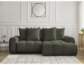 Khaki zsenília kinyitható-tárolóhelyes sarokkanapé (jobb oldali-heverő résszel) Roxelane – Bobochic Paris