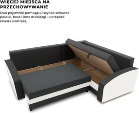 Grande sarokkanapé polcokkal , polc a bal karfaban, jobboldali, szövet anyag, hab töltet, szürke - fehér